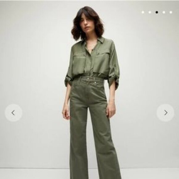 Veronica Beard Silk Jada Blouse Olive Green Button Front Long/Roll Sleeves 8 - Picture 3 of 12